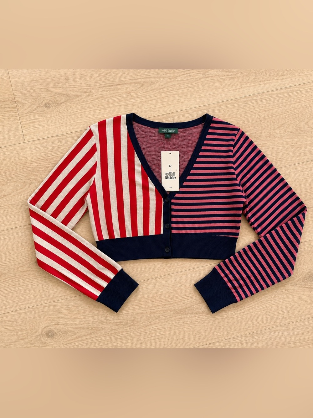 wild fable Red and Pink Striped Cropped V-Neck Sweater